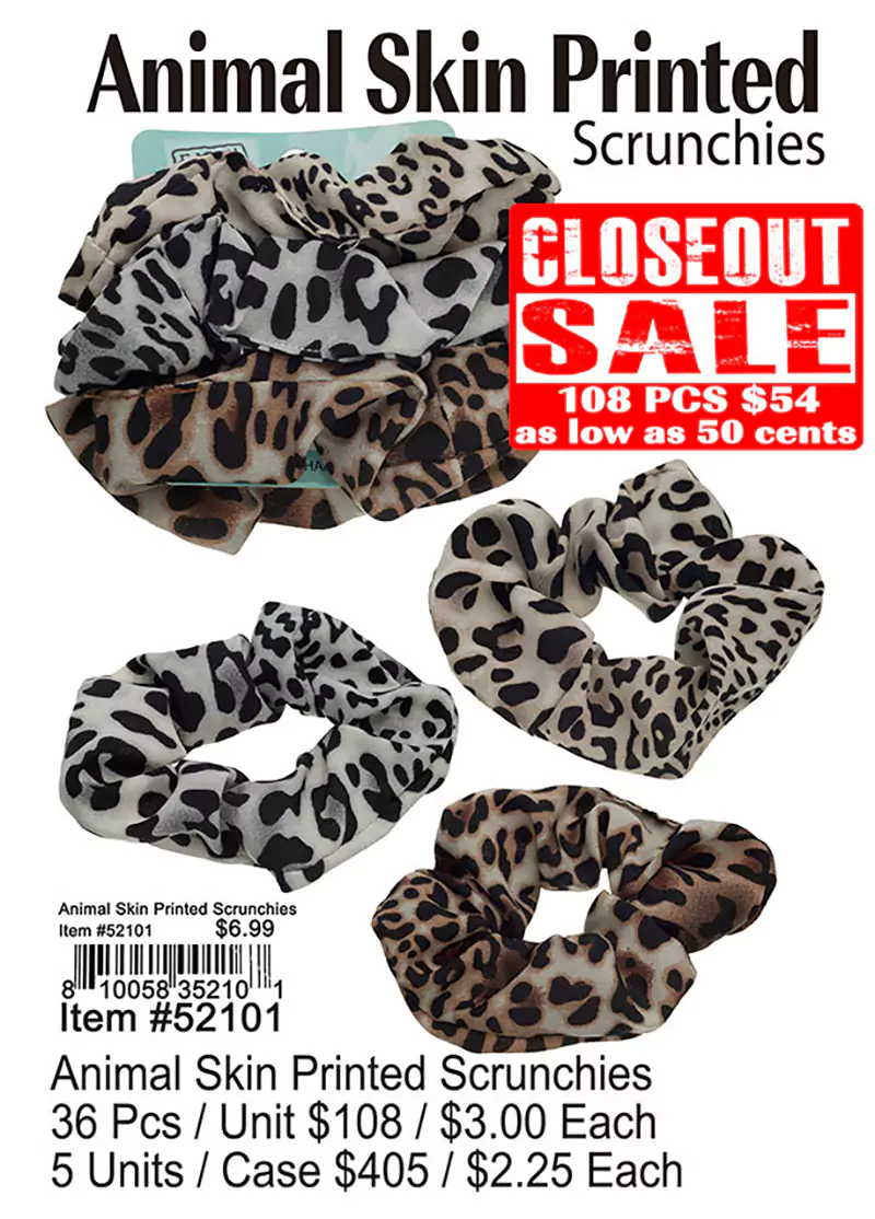 Animal Skin Printed Scrunchies - Closeout 108 Pcs.